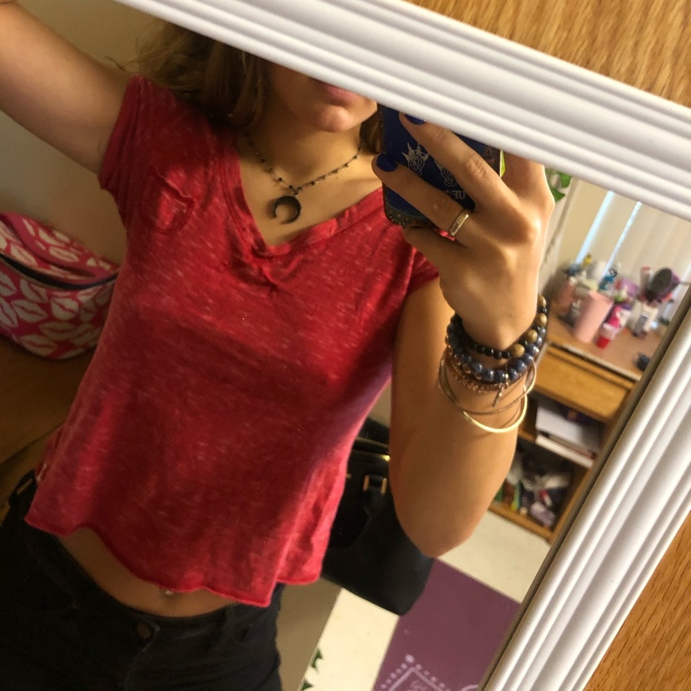 red v neck shirt